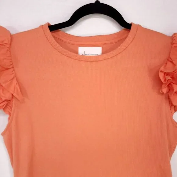 Anthropologie Ribbed Top Size Medium Ruffle Short Cap Sleeve Round Neck Blouse - Picture 10 of 12